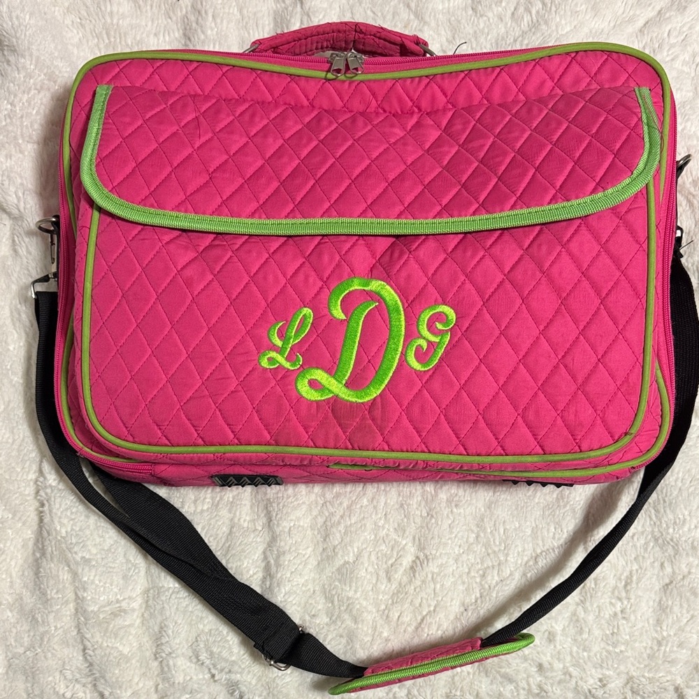 Hot Pink Quilted Monogrammed Laptop Bag with Lime Trim